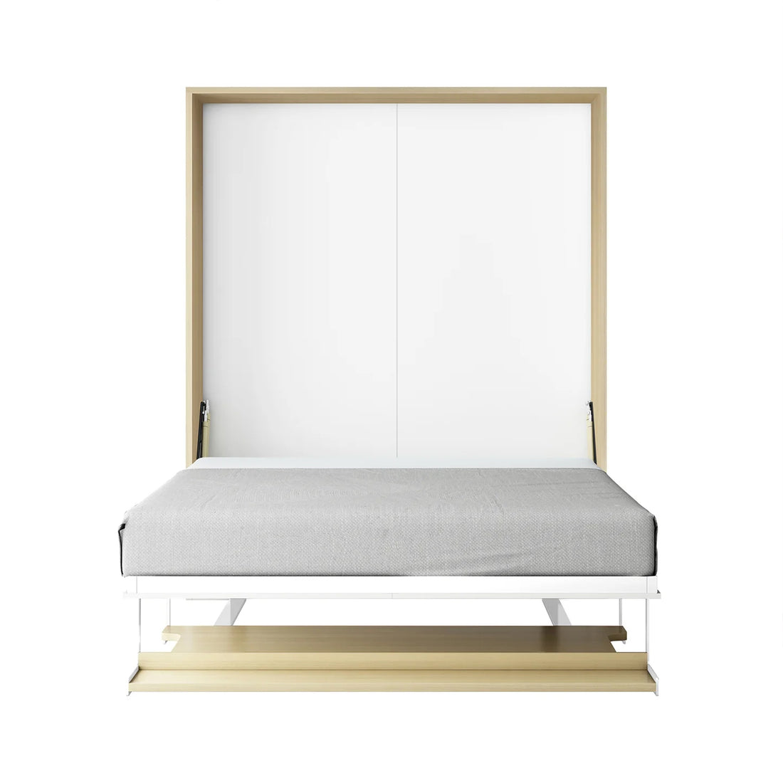 Logan Queen Murphy Bed & Cybele Mattress in White Natural, showcasing a modern wall-bed with a light-wood frame, white panels, grey mattress, gas-strut hinges, and a low shelf at the foot.
