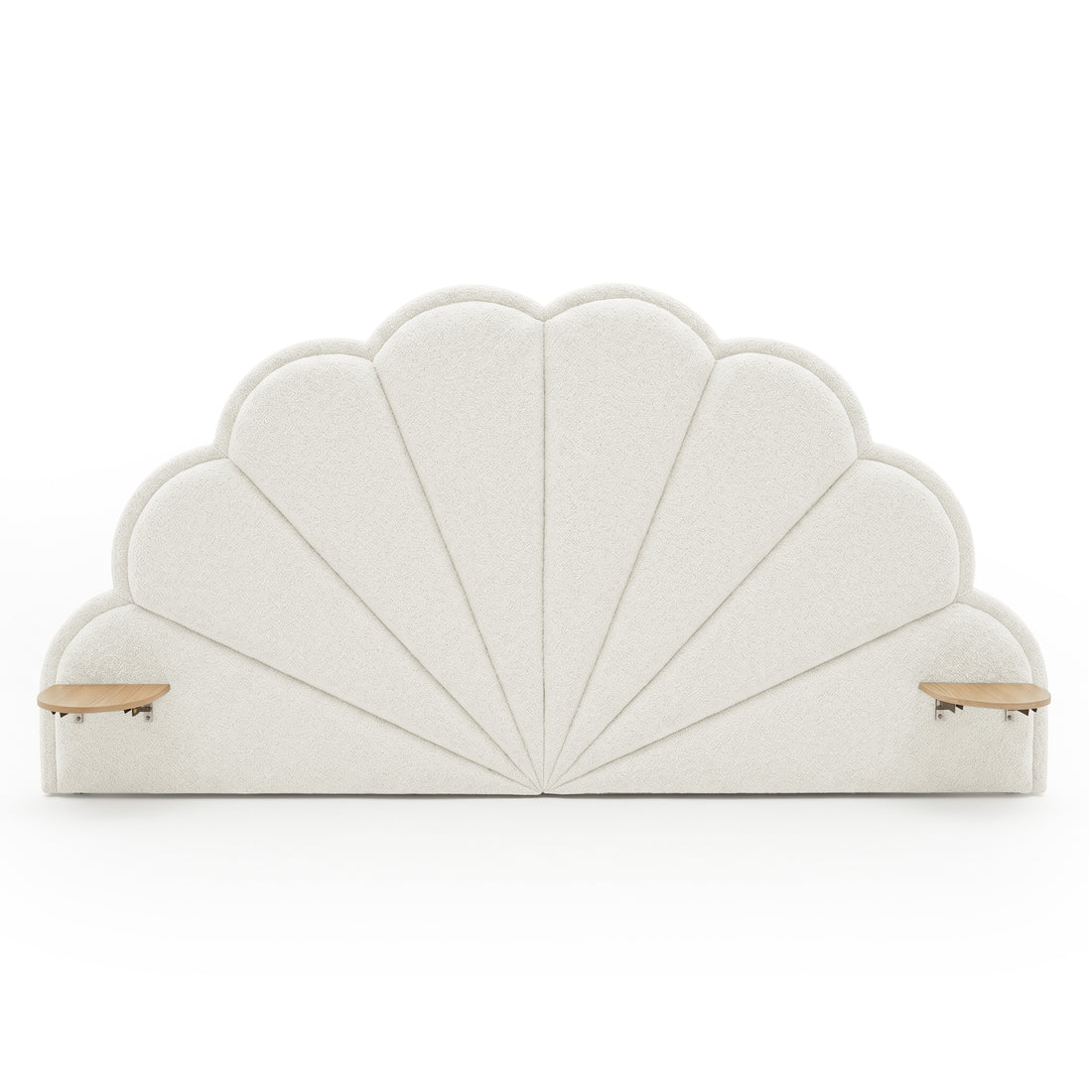 Upholstered shell-shaped headboard with built-in wooden shelves on white background