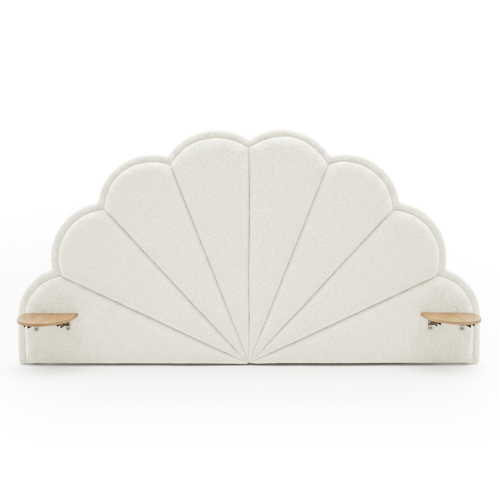 Upholstered shell-shaped headboard with built-in wooden shelves on white background