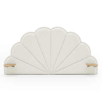 Upholstered shell-shaped headboard with built-in wooden shelves on white background