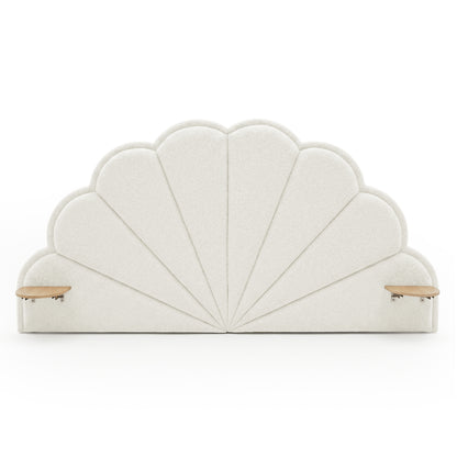 Upholstered shell-shaped headboard with built-in wooden shelves on white background