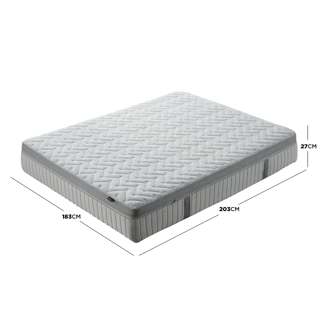 Mattress on white background with dimensions 183 cm by 203 cm by 27 cm