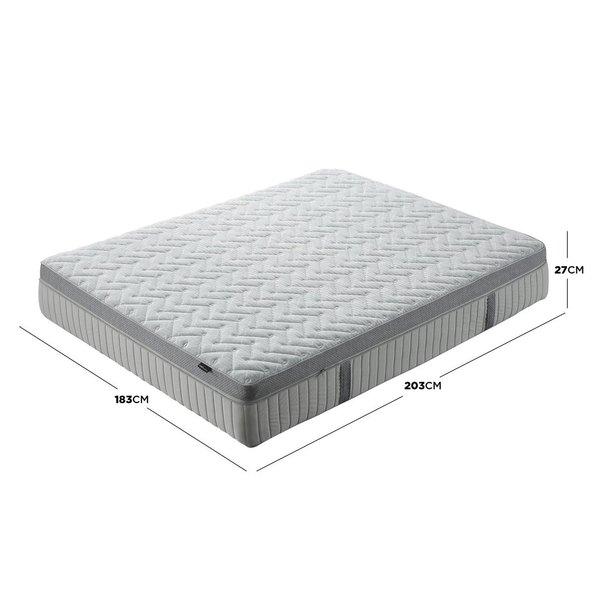 Mattress on white background with dimensions 183 cm by 203 cm by 27 cm