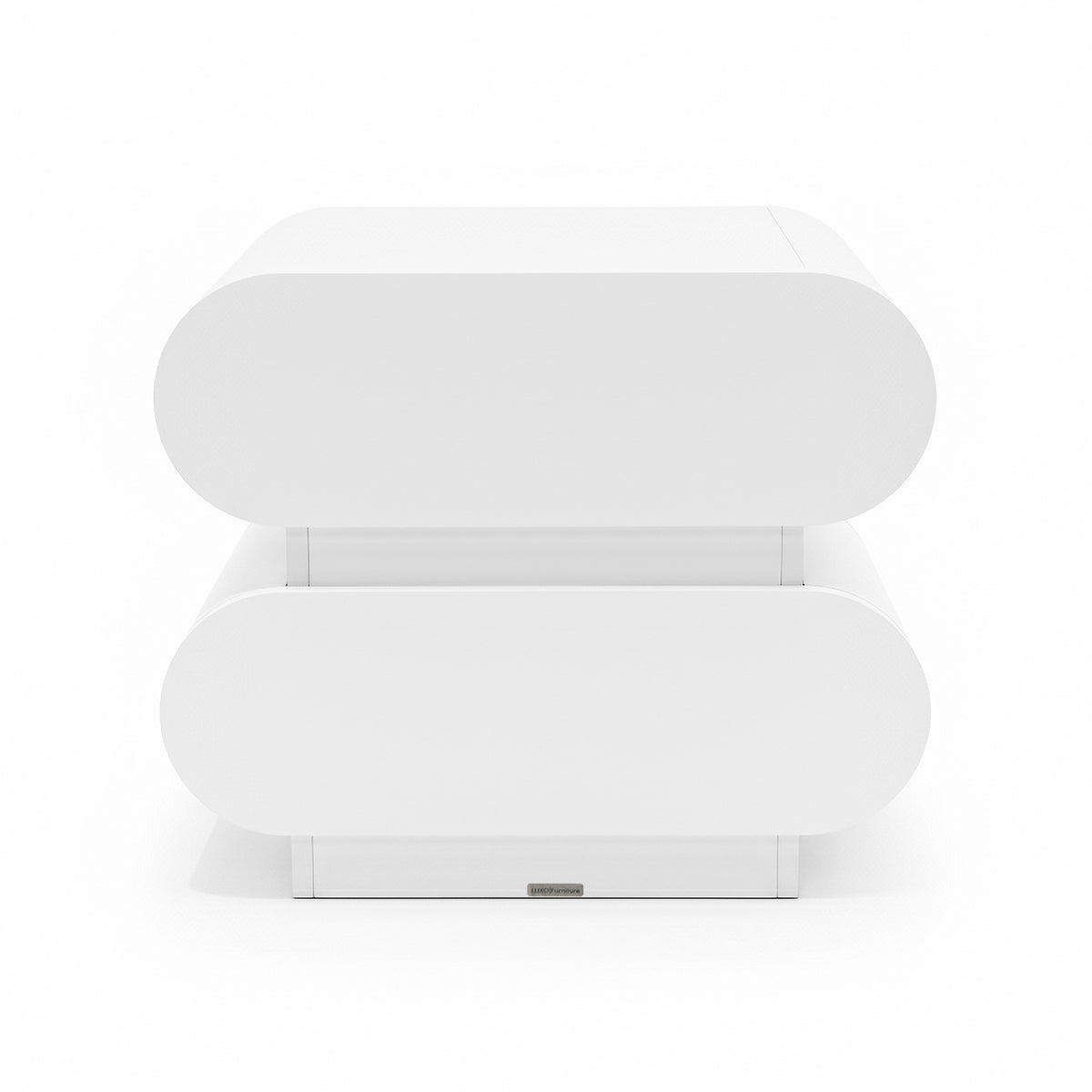 Ardenne 55cm Curved Bedside Table With Drawers in White, featuring sleek, pill-shaped design with two oval-ended drawers, offering modern minimalist style and compact storage solution for bedrooms.