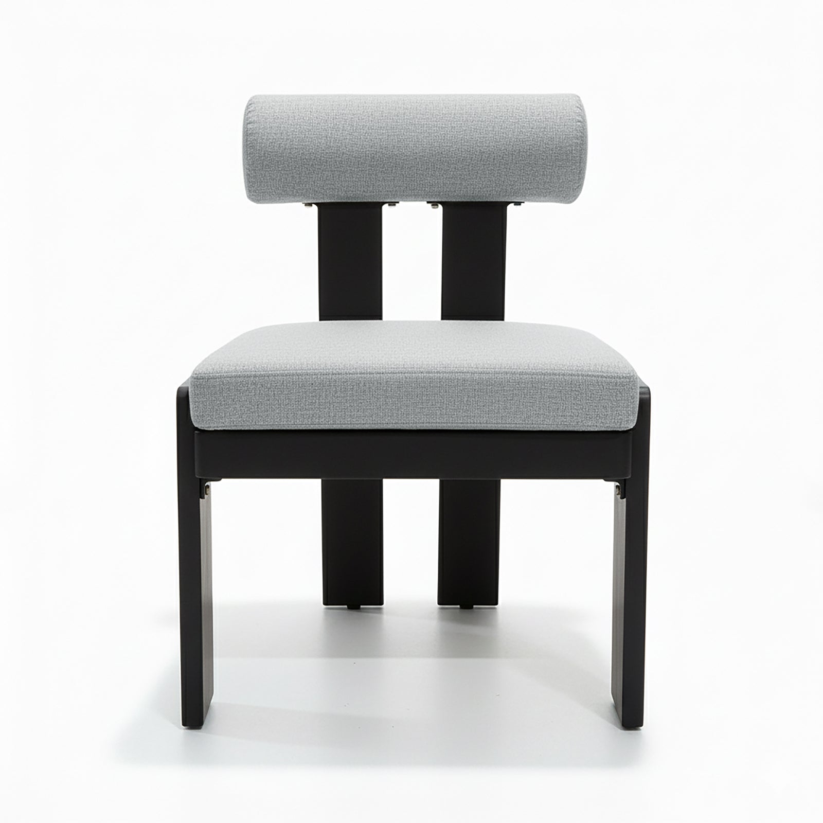 Positano 6 Seater Outdoor Dining Set in Black & Grey features a sleek black aluminum frame with light-grey cushioned chairs and a spacious table, offering modern elegance and comfort for outdoor gatherings.