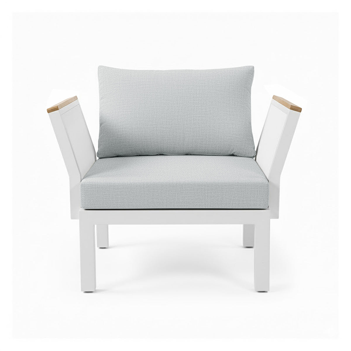 Sierra Outdoor Lounge Set in Grey features a modern single-seat armchair with a white frame, pale-gray cushions, and light wood accents on armrests, perfect for a resort-like outdoor experience.
