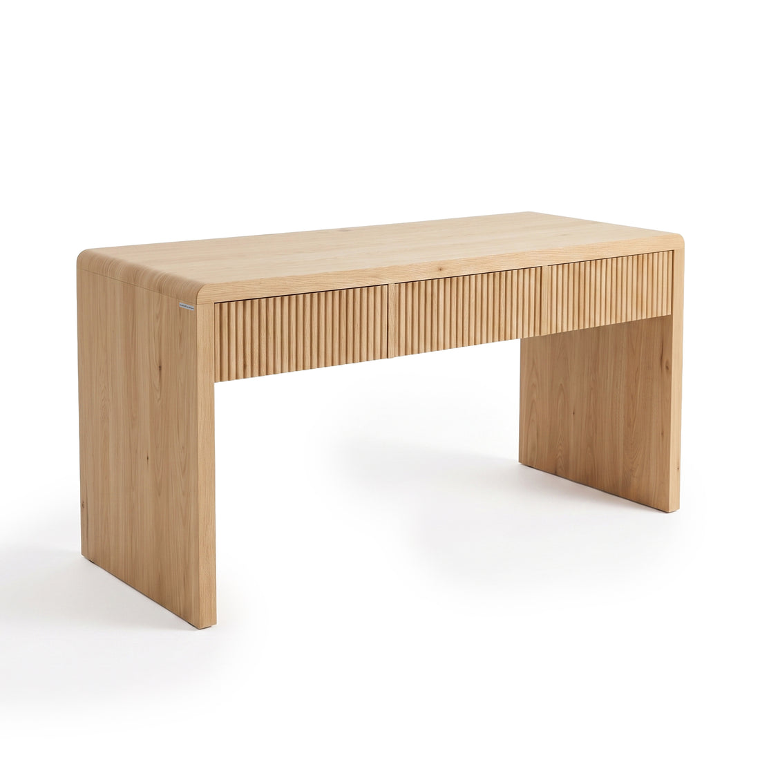 Modern light wood desk with three drawers and vertical slat detailing on a white background.