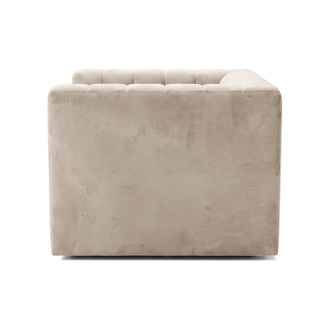 Partial side view of a beige sofa on a white background