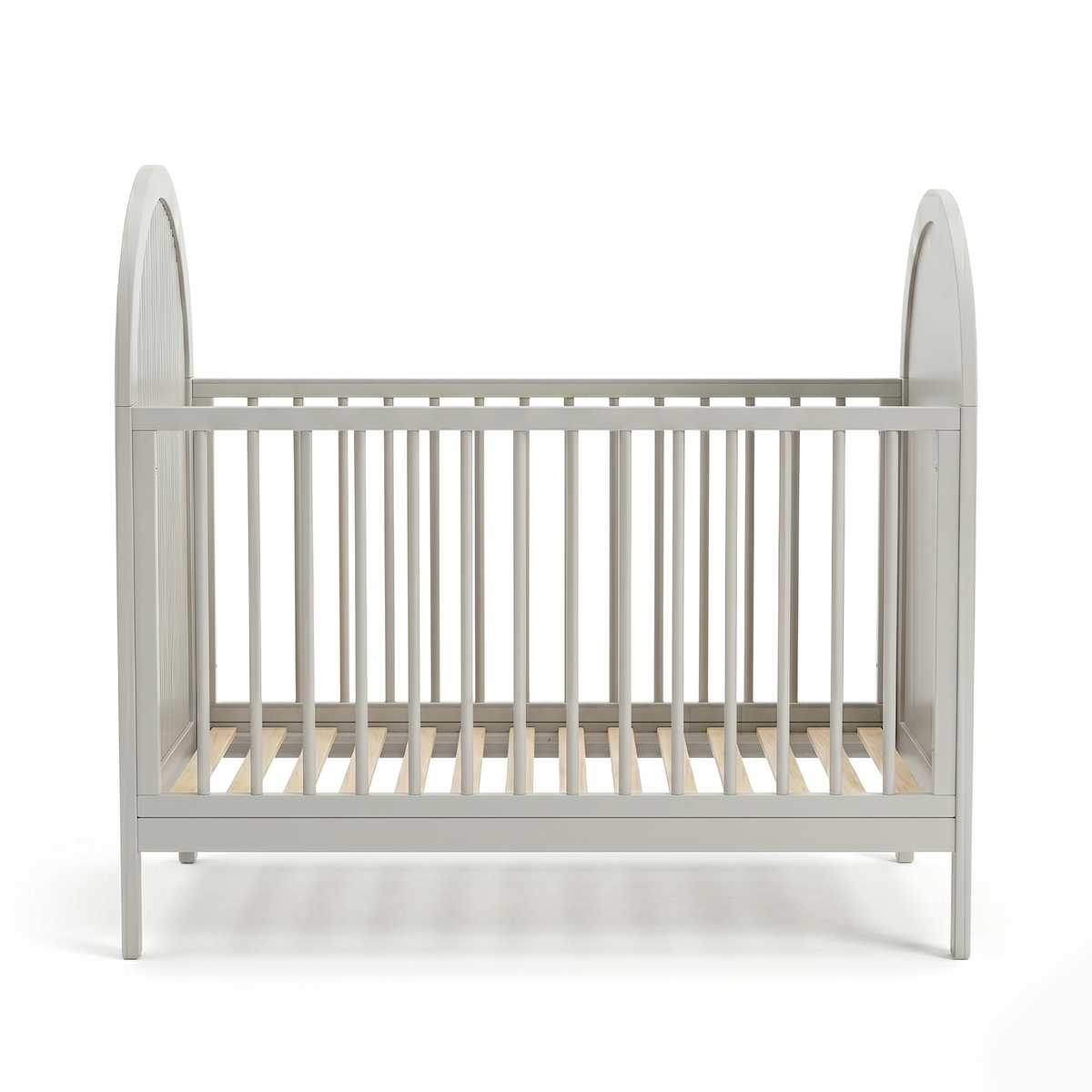 Light gray wooden crib front view on white background
