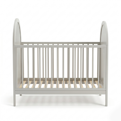 Light gray wooden crib front view on white background