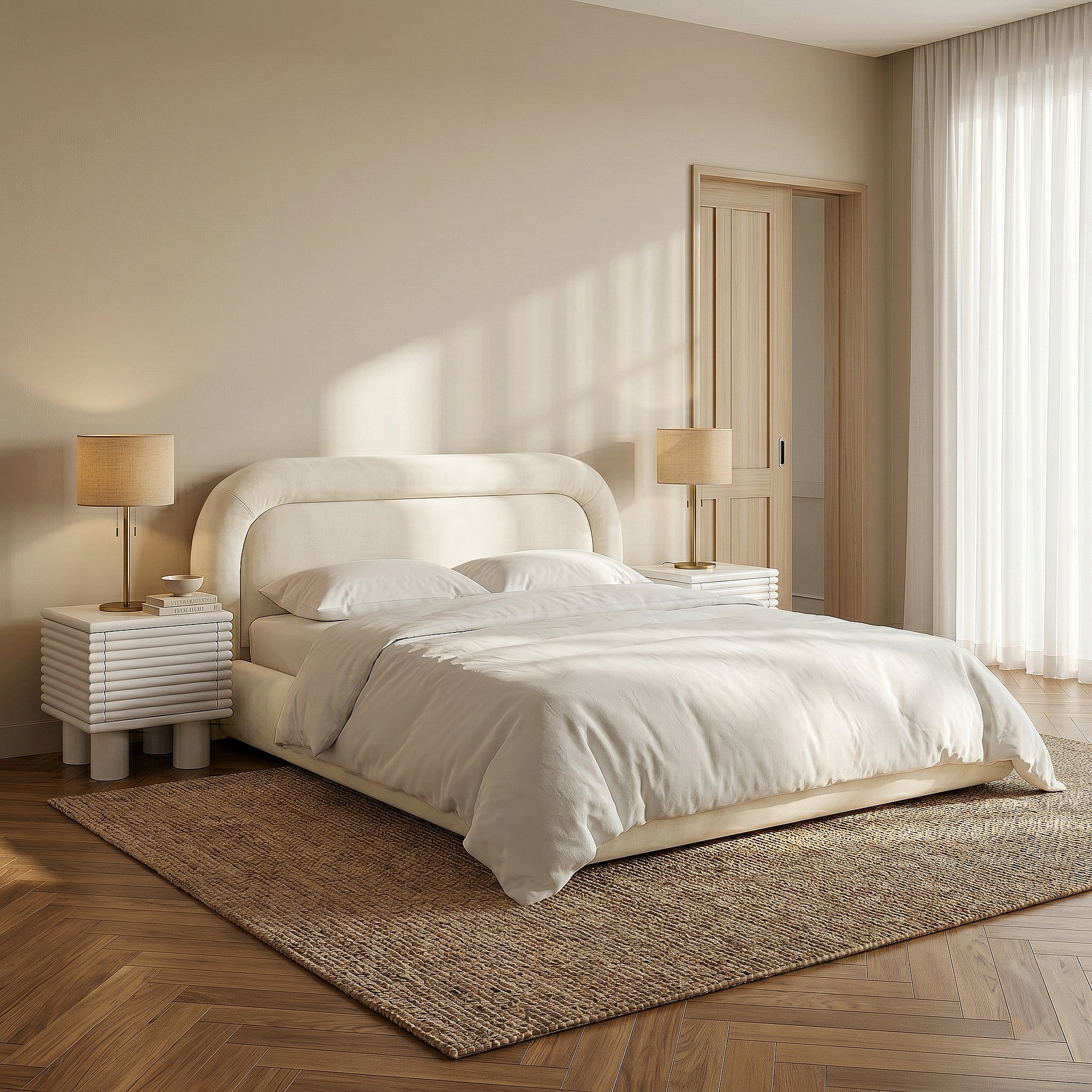 Styled bedroom with upholstered bed, matching nightstands, and lamps