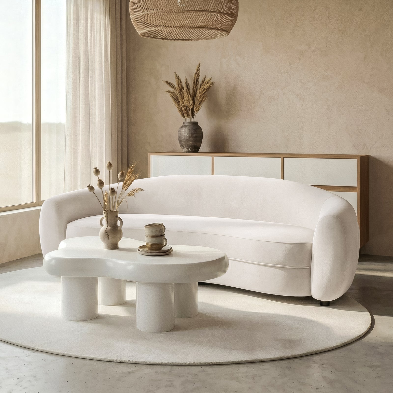 Curved white sofa in a modern living room with coffee tables and décor
