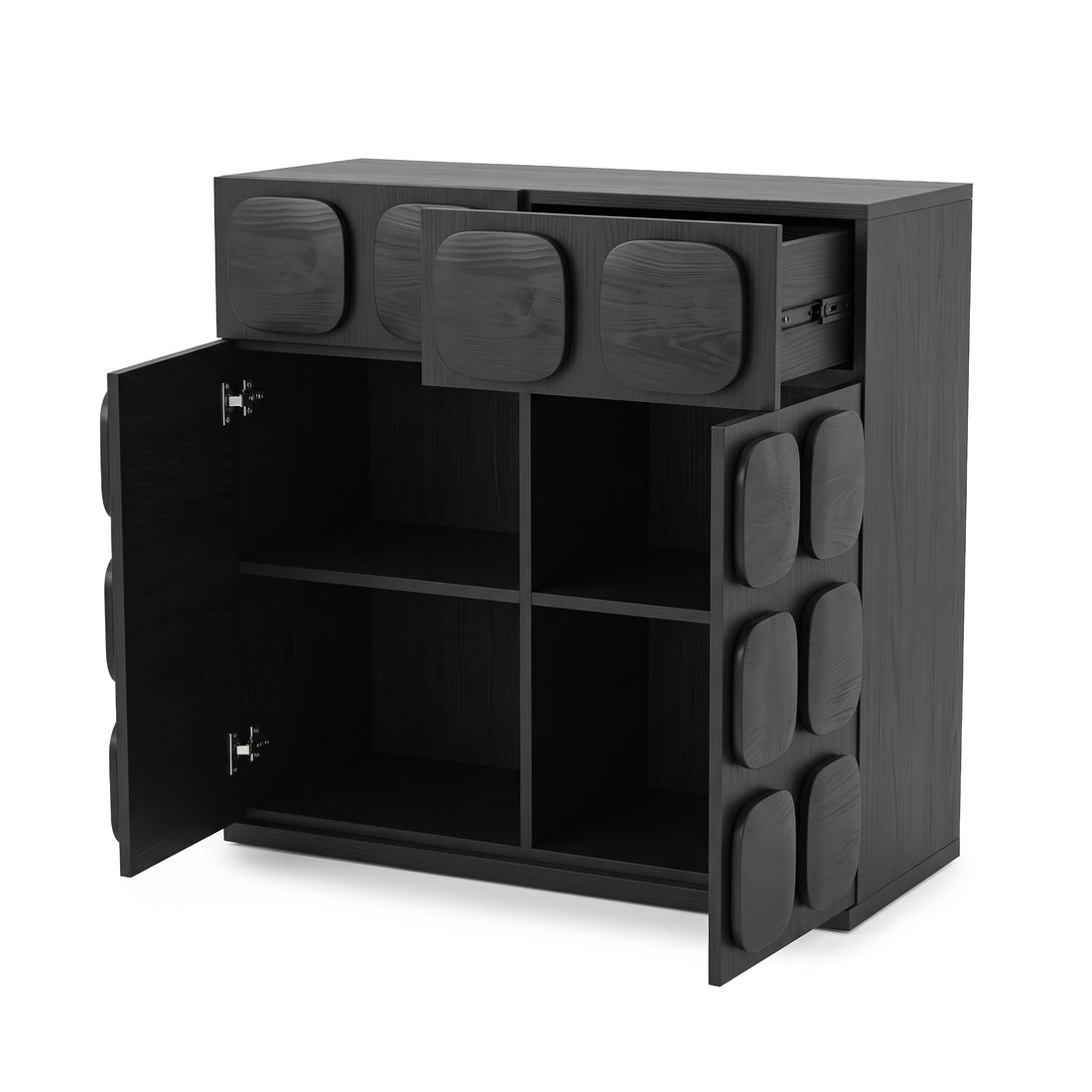 Open black storage cabinet on a white background showing shelves and drawers