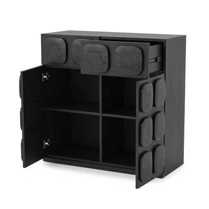 Open black storage cabinet on a white background showing shelves and drawers