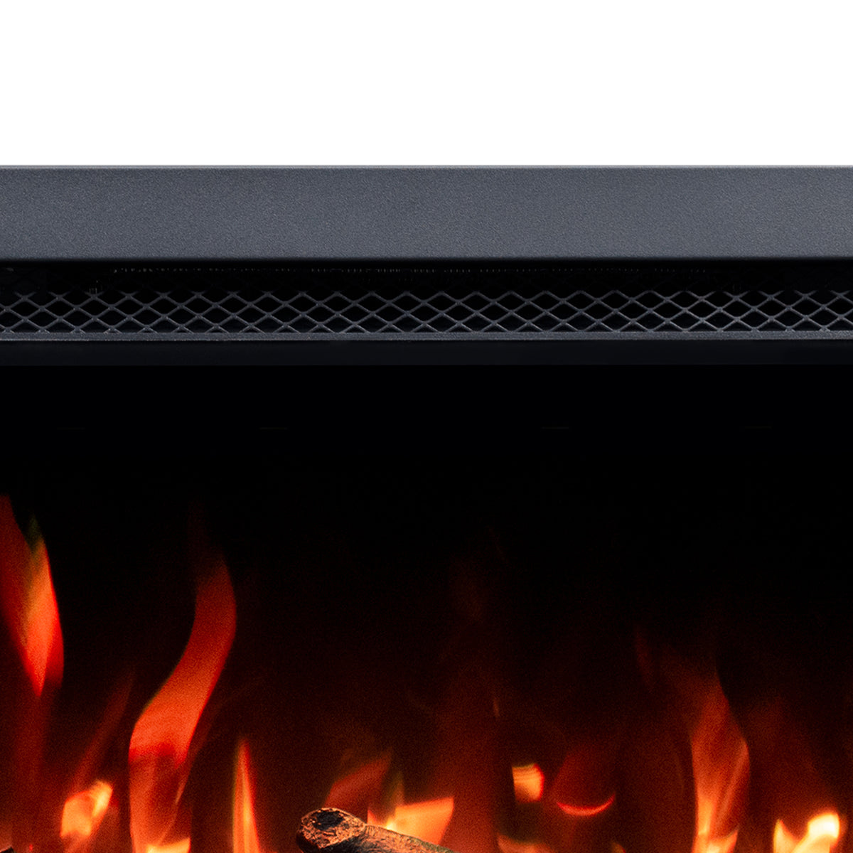 Close-up of the bottom front edge of the electric fireplace showing realistic flame details and embers.