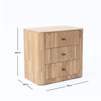 Wooden three-drawer chest with dimension lines showing height, width, and depth