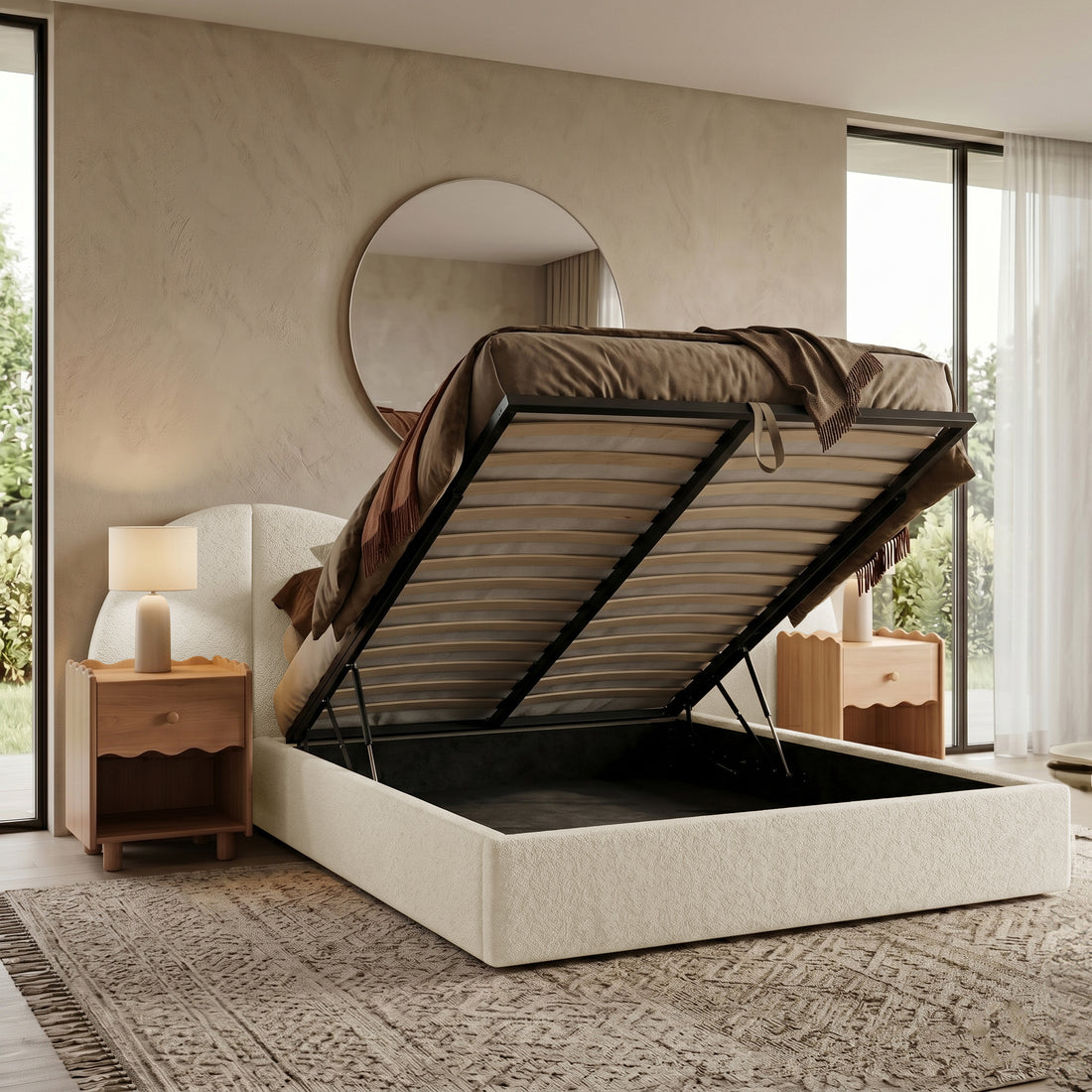 Lifestyle shot of upholstered storage bed with open under-bed compartment in bedroom