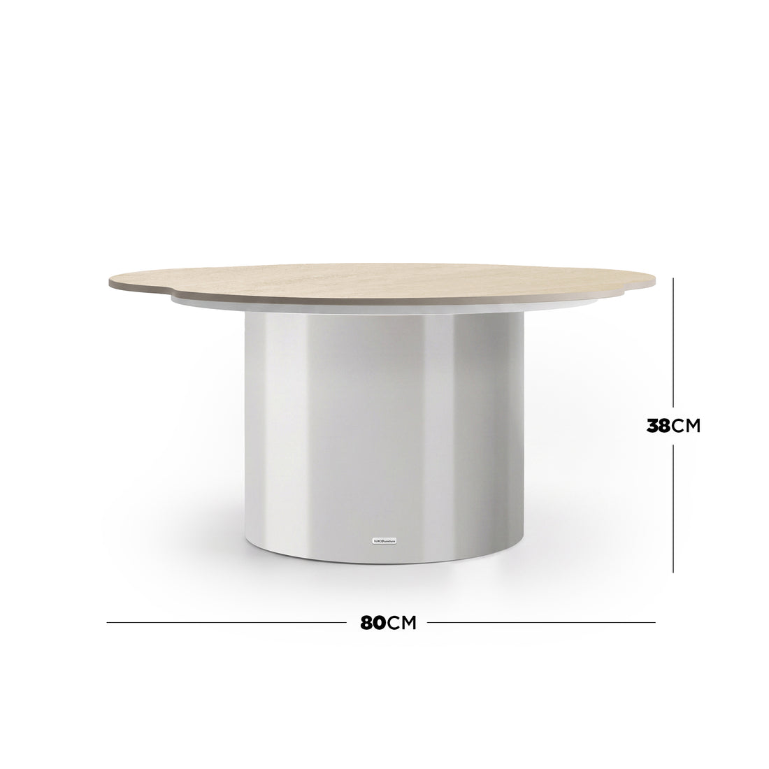Round coffee table on a white background with dimensions 80 cm wide and 38 cm high