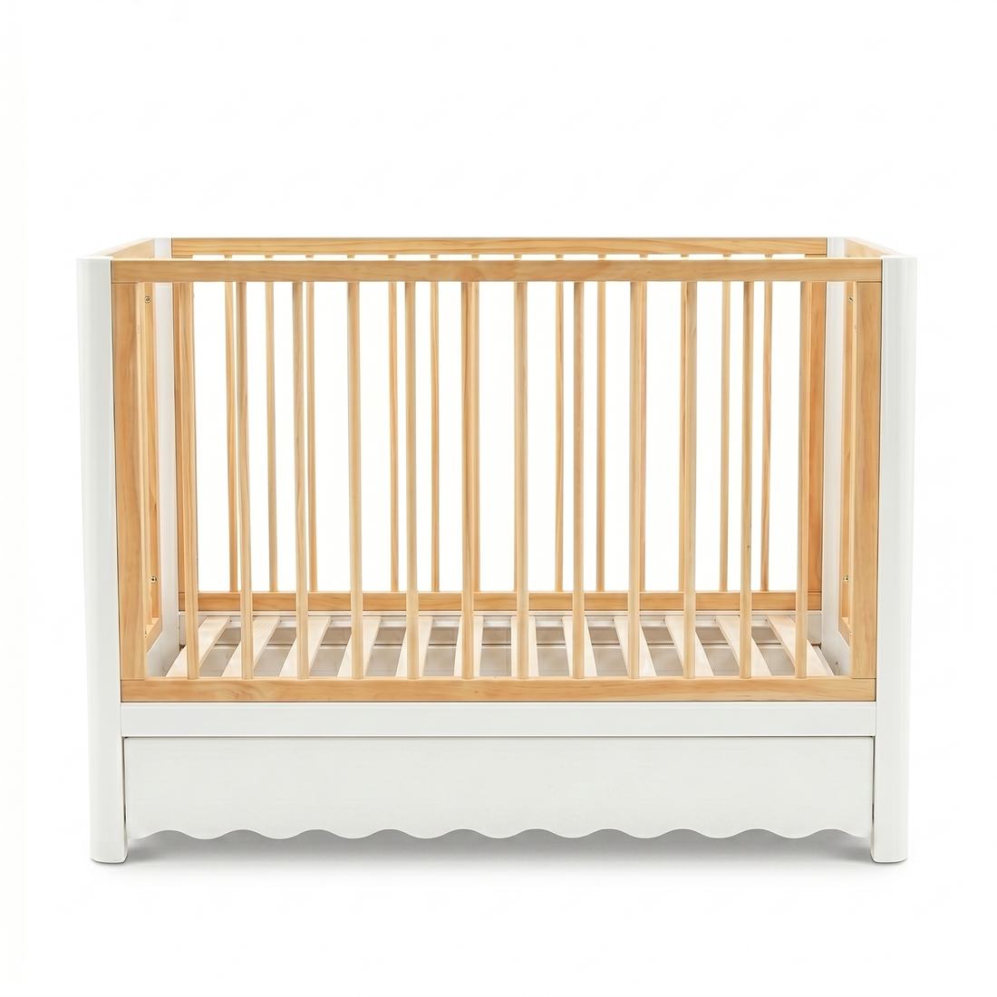 Front view modern baby crib with natural wood slats and white panels on white background