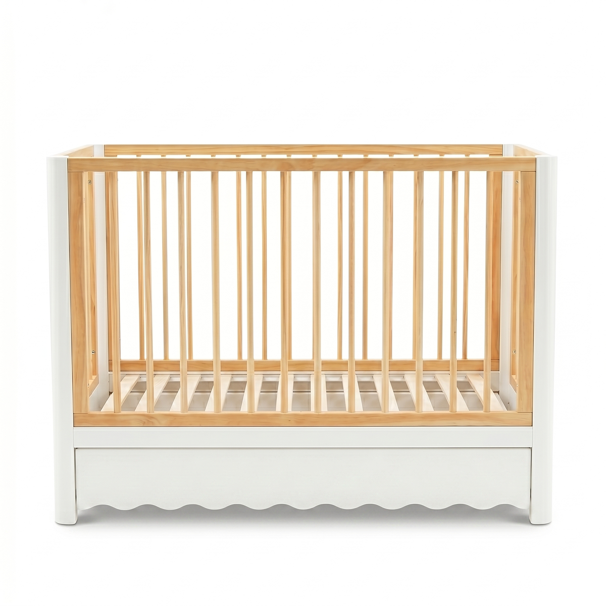 Front view modern baby crib with natural wood slats and white panels on white background