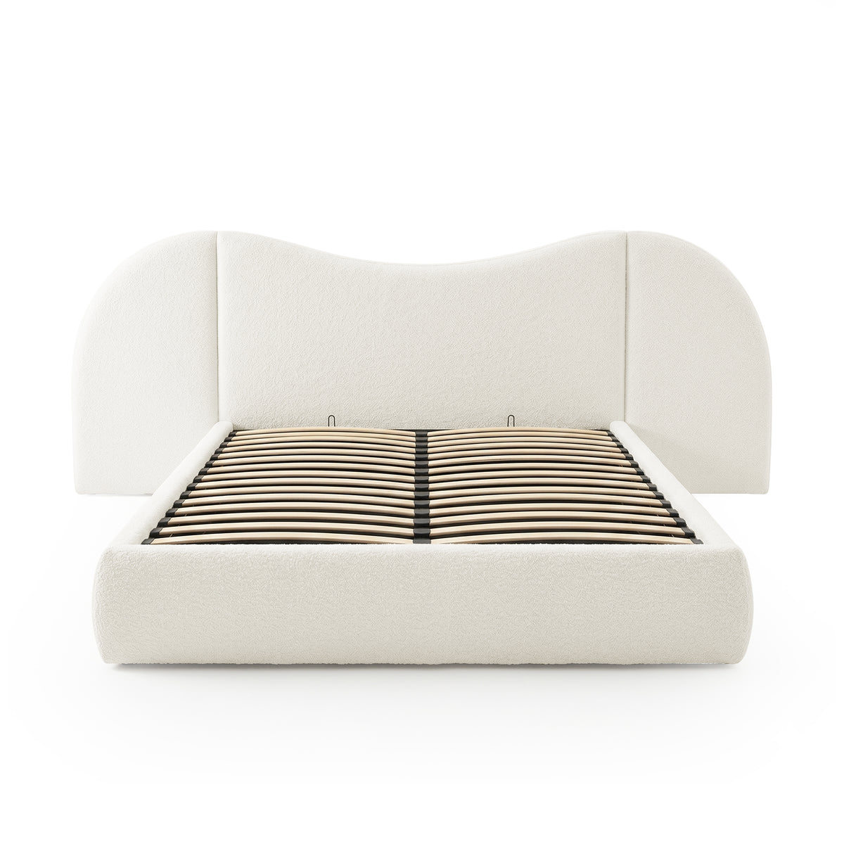 Front view of upholstered bed frame with padded headboard on white background