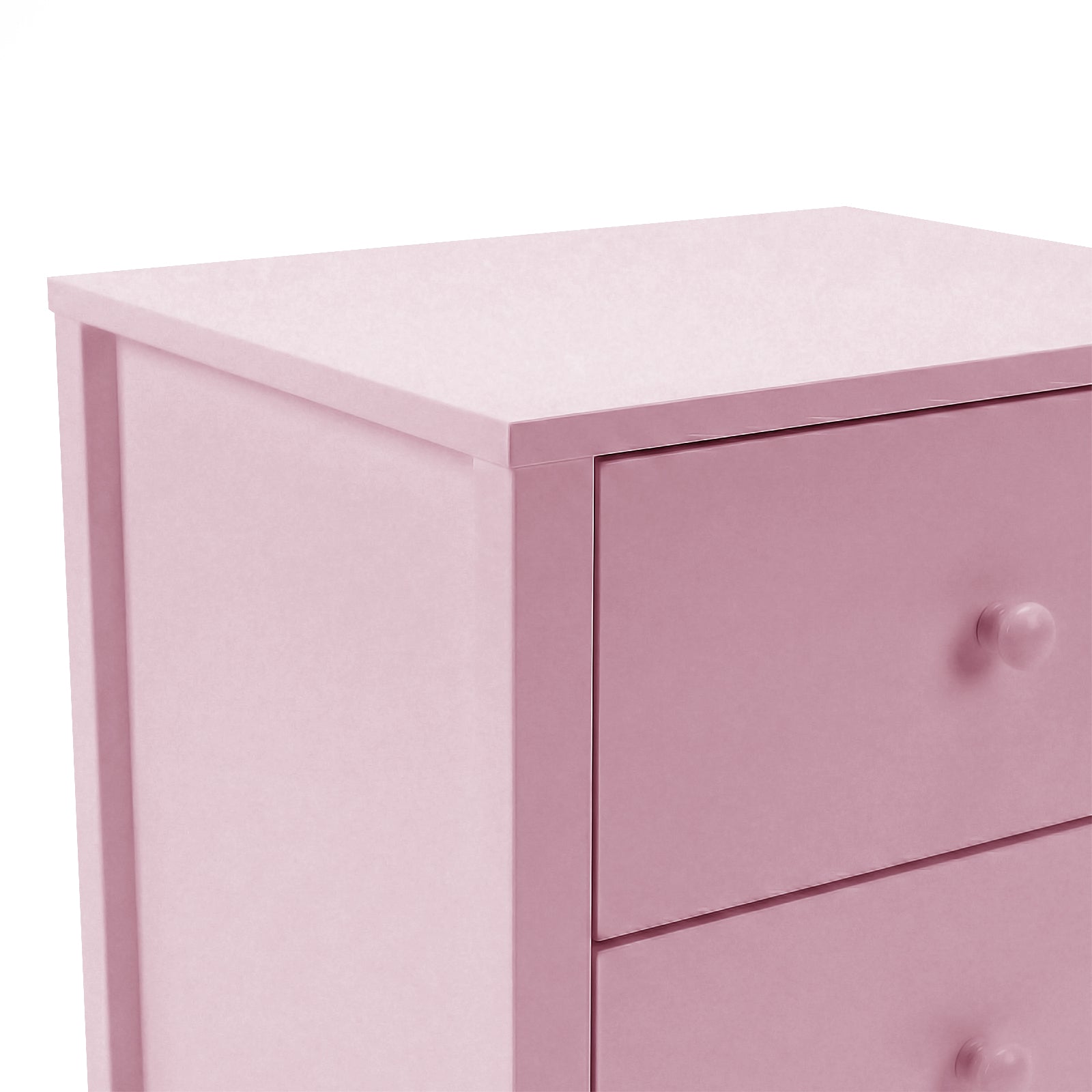 Partial view of pink chest of drawers showing top surface and two upper drawers on white background