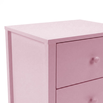 Partial view of pink chest of drawers showing top surface and two upper drawers on white background