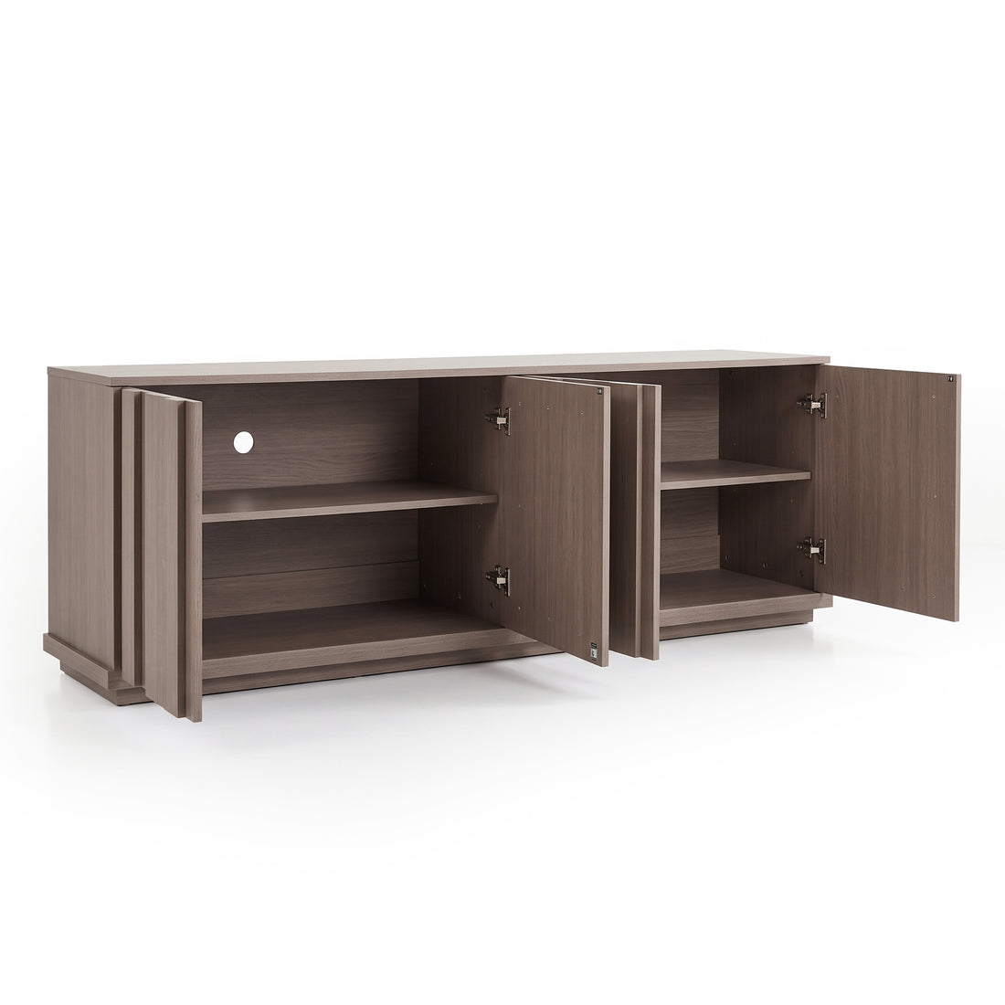 Wooden sideboard with open doors showing interior shelving on a white background