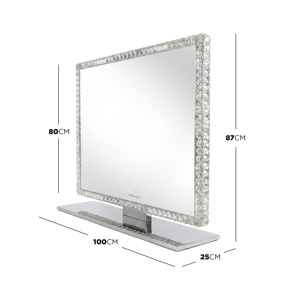 Rectangular mirror with crystal border and measurement lines on white background