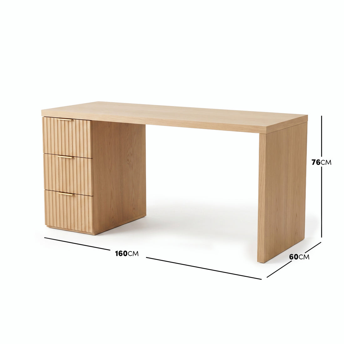 Modern wooden desk with dimensions labeled on a white background