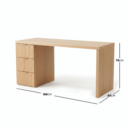 Modern wooden desk with dimensions labeled on a white background