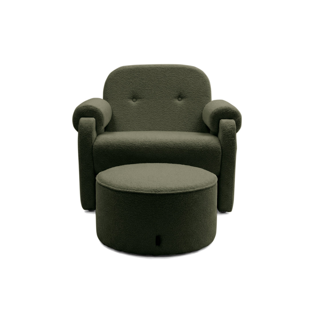 Modern olive green armchair and ottoman side view on white background