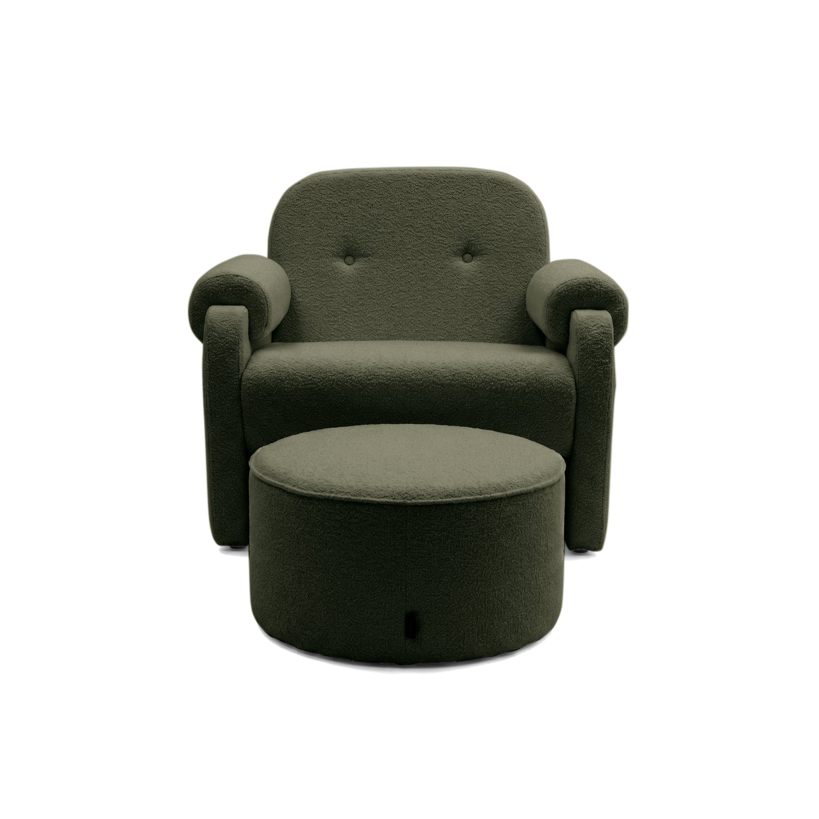 Modern olive green armchair and ottoman side view on white background