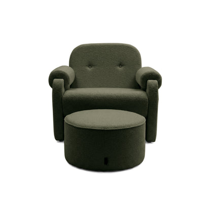 Modern olive green armchair and ottoman side view on white background