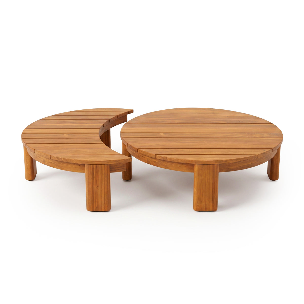 Two-piece wooden coffee table set with round table and crescent-shaped table on white background