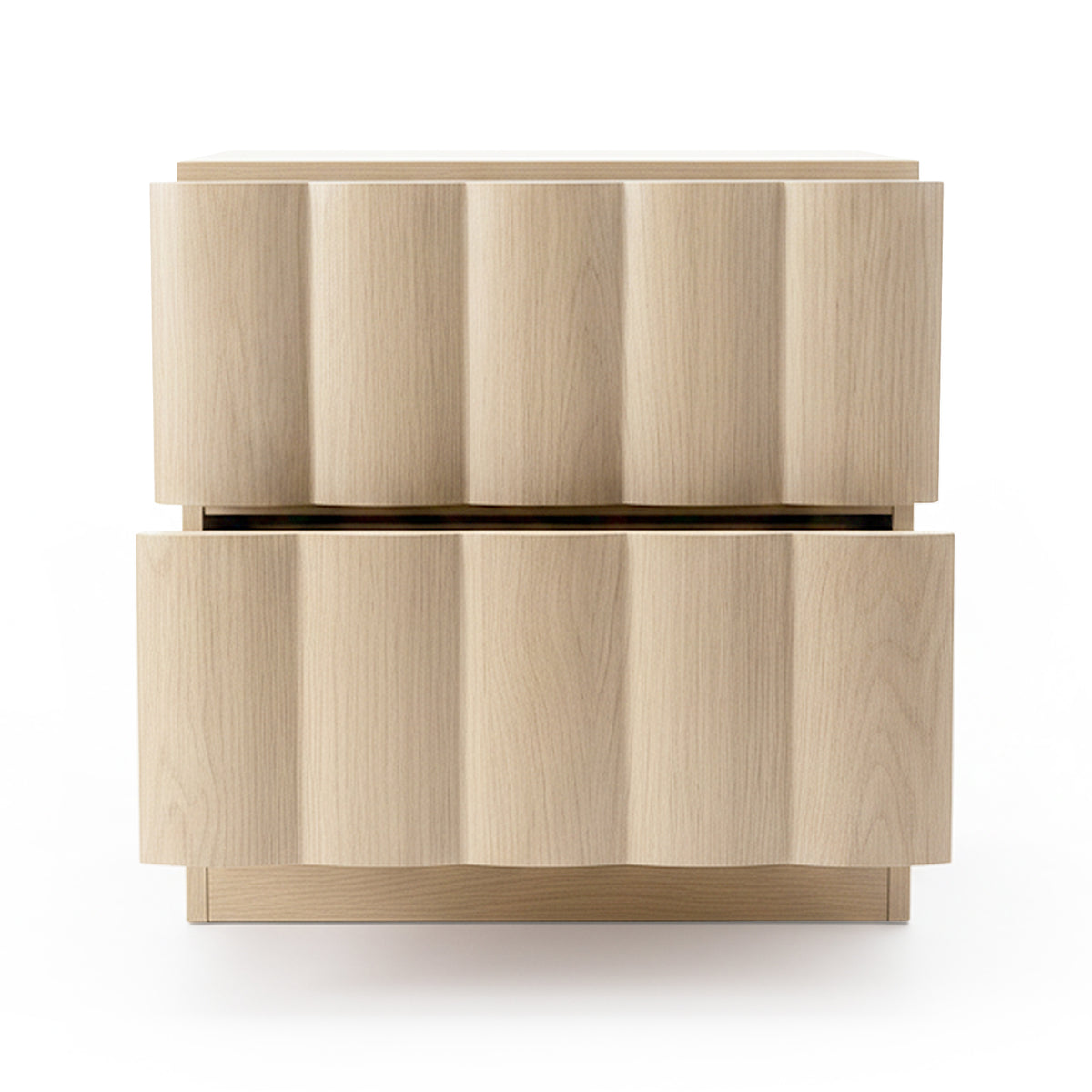 Light-colored wood nightstand with wavy drawer fronts on white background