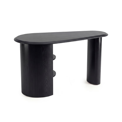 Contemporary black desk with rounded tabletop and column-like legs on a white background