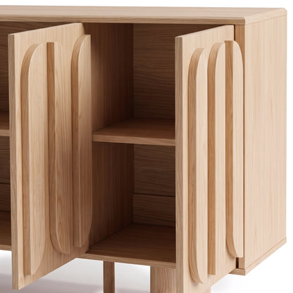 Light wood cabinet with open doors and interior shelving on a white background