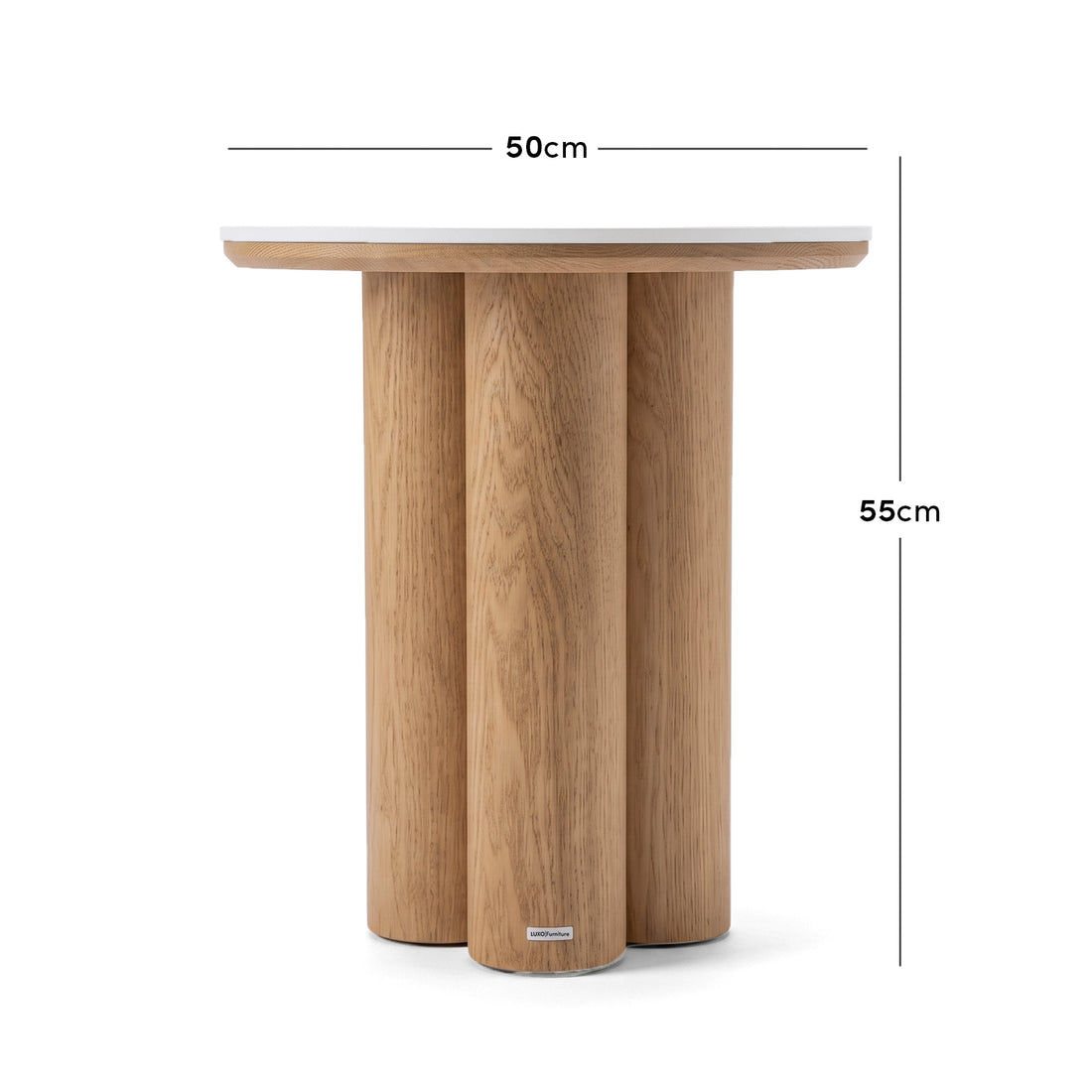 Wooden side table on white background with dimensions shown