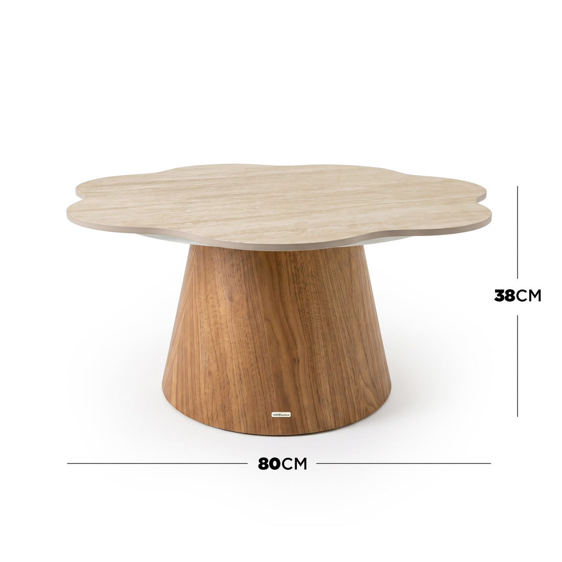 Round modern coffee table on a white background with dimensions shown as 80 cm wide and 38 cm high