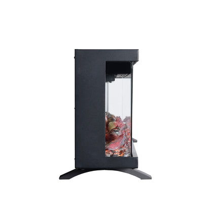 Partial side view of electric fireplace on white background, showing black frame and internal logs from side.