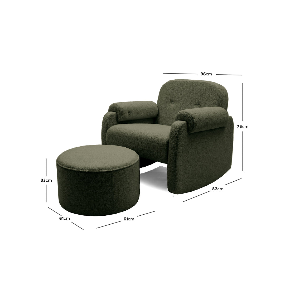 Armchair and ottoman with dimensions indicated on white background