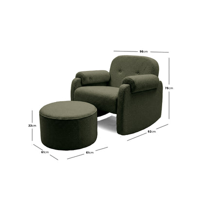 Armchair and ottoman with dimensions indicated on white background