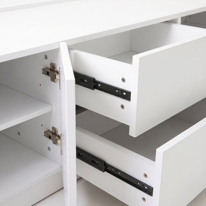Close-up of open drawers and cabinet door on a white background