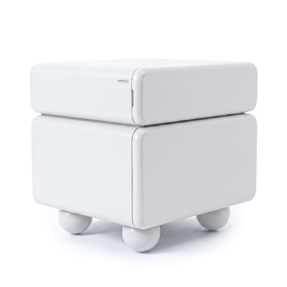 Glossy white square side table with rounded edges and spherical legs on white background
