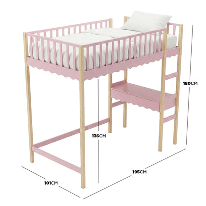 Pink and wood loft bed on white background with dimension callouts - Dimensions