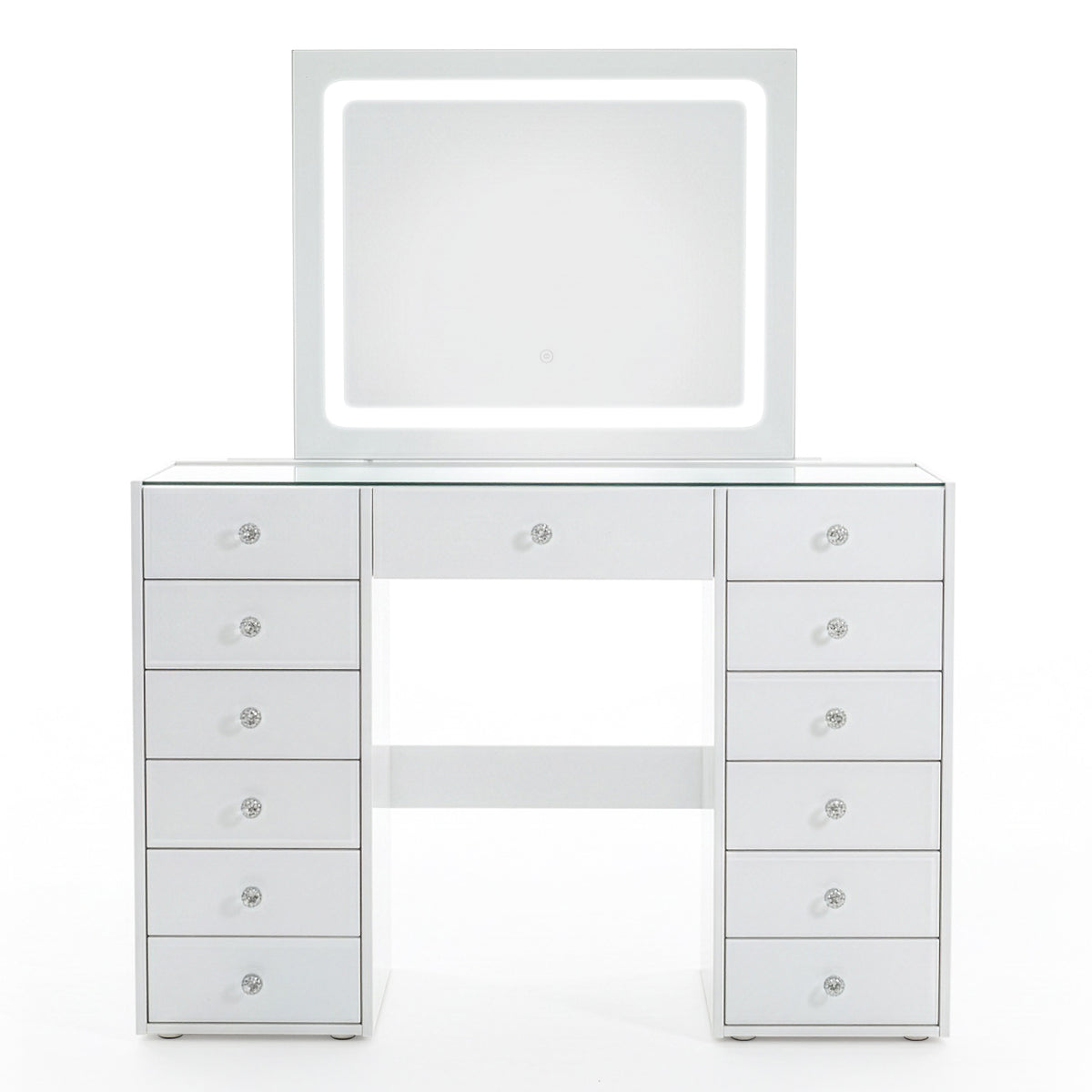White modern vanity table with LED‐lit mirror and crystal drawer knobs on white background