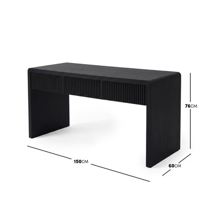 Modern black desk on white background with dimension lines showing width, height, and depth