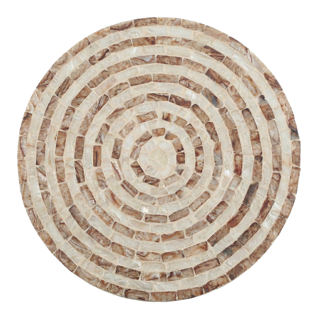 Top-down view of round mosaic tabletop on white background