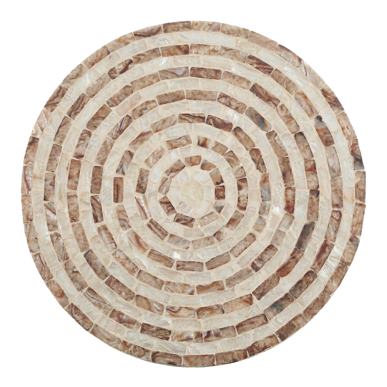 Top-down view of round mosaic tabletop on white background